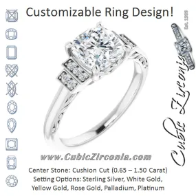 Cubic Zirconia Engagement Ring- The Brynhild (Customizable Engraved Design with Cushion Cut Center and Perpendicular Band Accents)