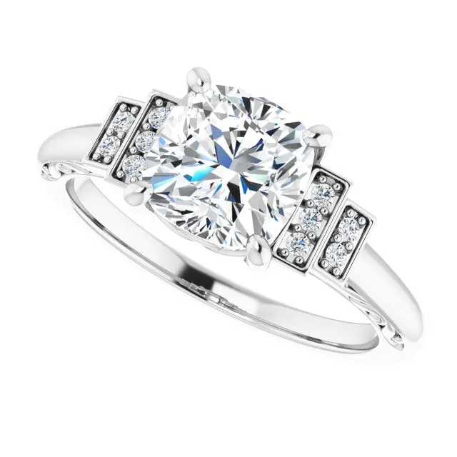 Cubic Zirconia Engagement Ring- The Brynhild (Customizable Engraved Design with Cushion Cut Center and Perpendicular Band Accents)