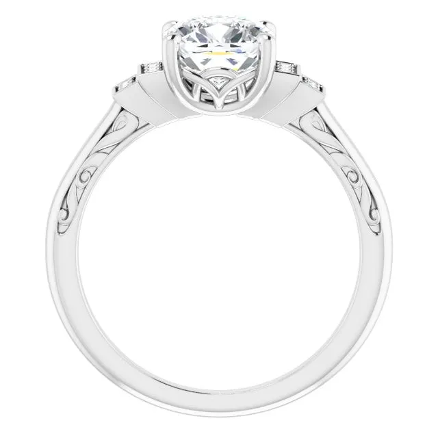 Cubic Zirconia Engagement Ring- The Brynhild (Customizable Engraved Design with Cushion Cut Center and Perpendicular Band Accents)