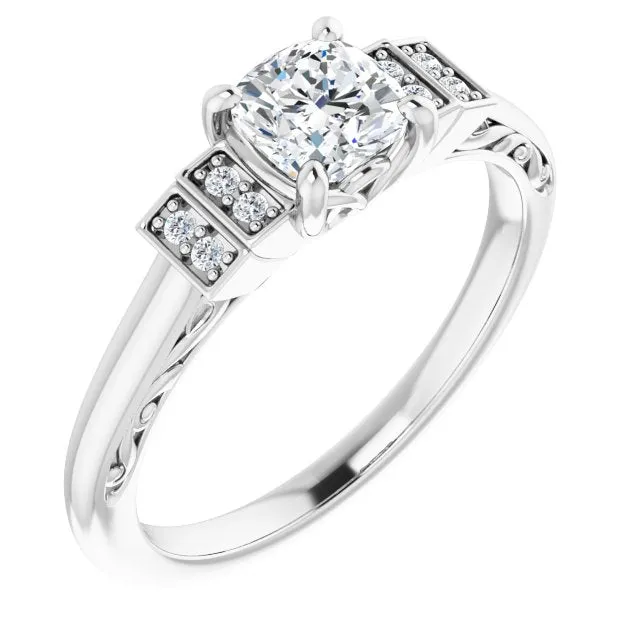 Cubic Zirconia Engagement Ring- The Brynhild (Customizable Engraved Design with Cushion Cut Center and Perpendicular Band Accents)