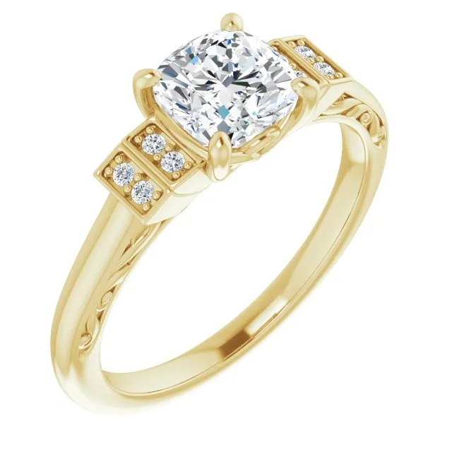 Cubic Zirconia Engagement Ring- The Brynhild (Customizable Engraved Design with Cushion Cut Center and Perpendicular Band Accents)