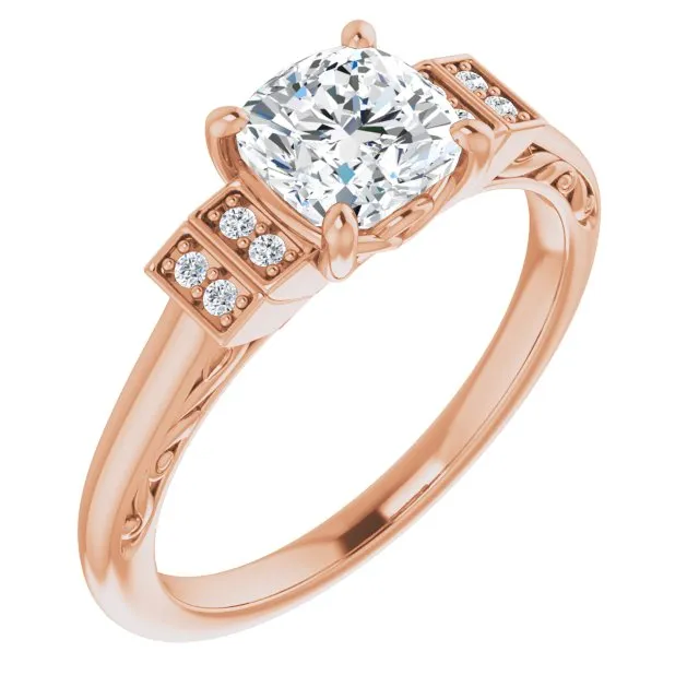 Cubic Zirconia Engagement Ring- The Brynhild (Customizable Engraved Design with Cushion Cut Center and Perpendicular Band Accents)