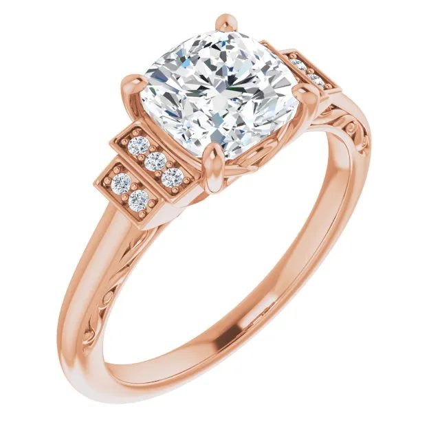 Cubic Zirconia Engagement Ring- The Brynhild (Customizable Engraved Design with Cushion Cut Center and Perpendicular Band Accents)