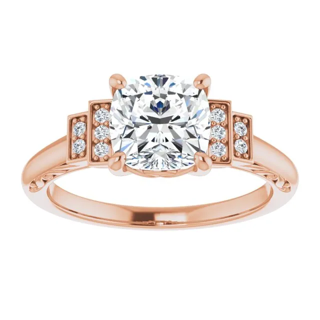 Cubic Zirconia Engagement Ring- The Brynhild (Customizable Engraved Design with Cushion Cut Center and Perpendicular Band Accents)