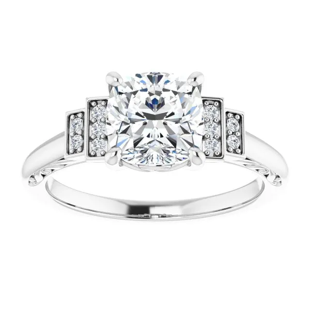 Cubic Zirconia Engagement Ring- The Brynhild (Customizable Engraved Design with Cushion Cut Center and Perpendicular Band Accents)