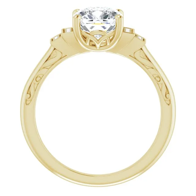 Cubic Zirconia Engagement Ring- The Brynhild (Customizable Engraved Design with Cushion Cut Center and Perpendicular Band Accents)