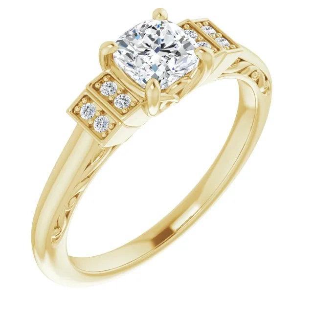 Cubic Zirconia Engagement Ring- The Brynhild (Customizable Engraved Design with Cushion Cut Center and Perpendicular Band Accents)