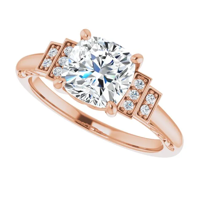 Cubic Zirconia Engagement Ring- The Brynhild (Customizable Engraved Design with Cushion Cut Center and Perpendicular Band Accents)