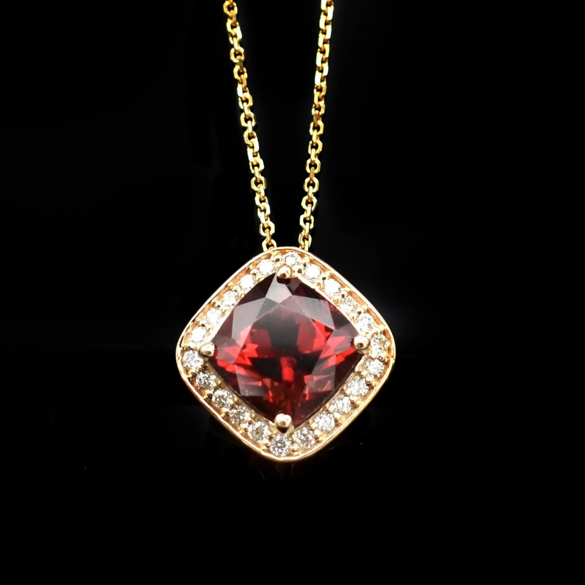 Cushion Cut Garnet & Diamond Necklace in Gold