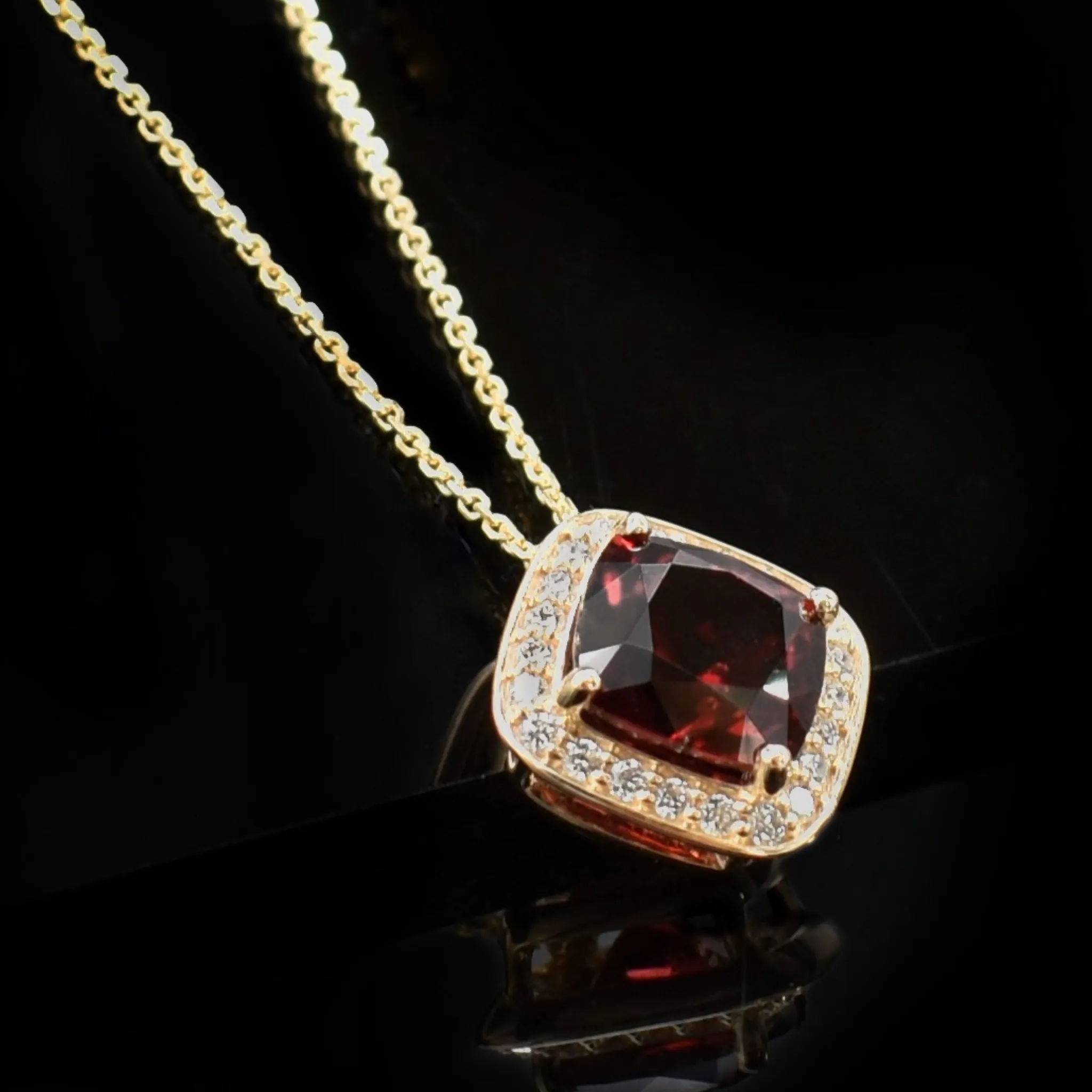 Cushion Cut Garnet & Diamond Necklace in Gold