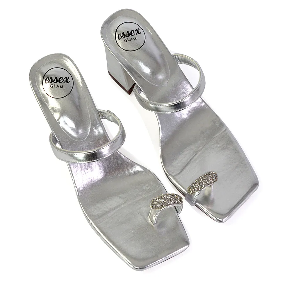 Daiquiri Double Strap Square Toe Ring Block Heel Sandals in Silver