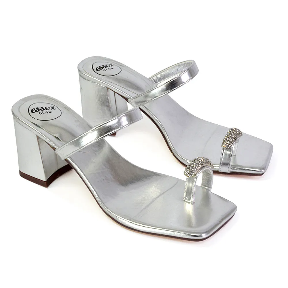 Daiquiri Double Strap Square Toe Ring Block Heel Sandals in Silver