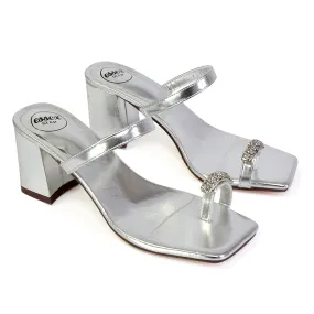 Daiquiri Double Strap Square Toe Ring Block Heel Sandals in Silver