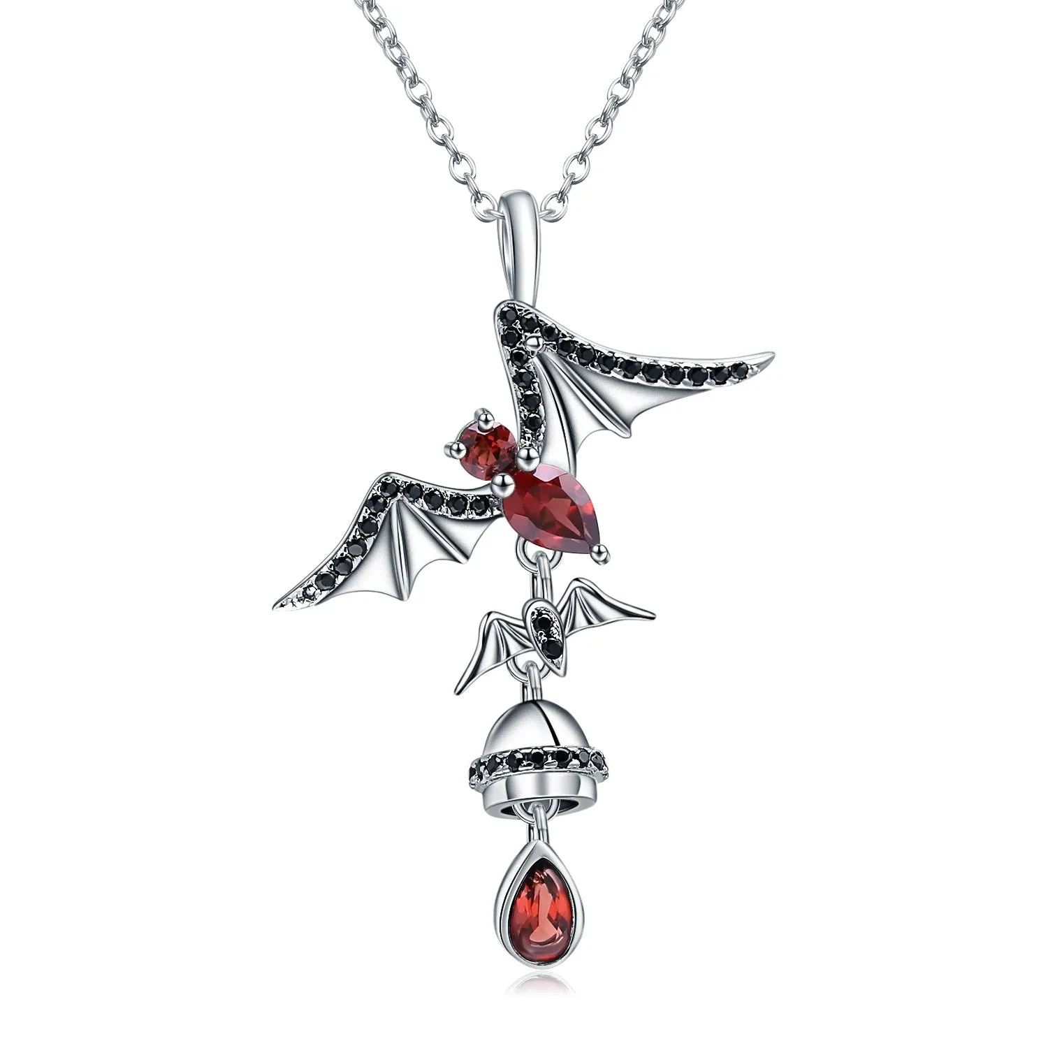 Dark Collection Design Natural Garnet Bat Pendant Sterling Silver Necklace for Women