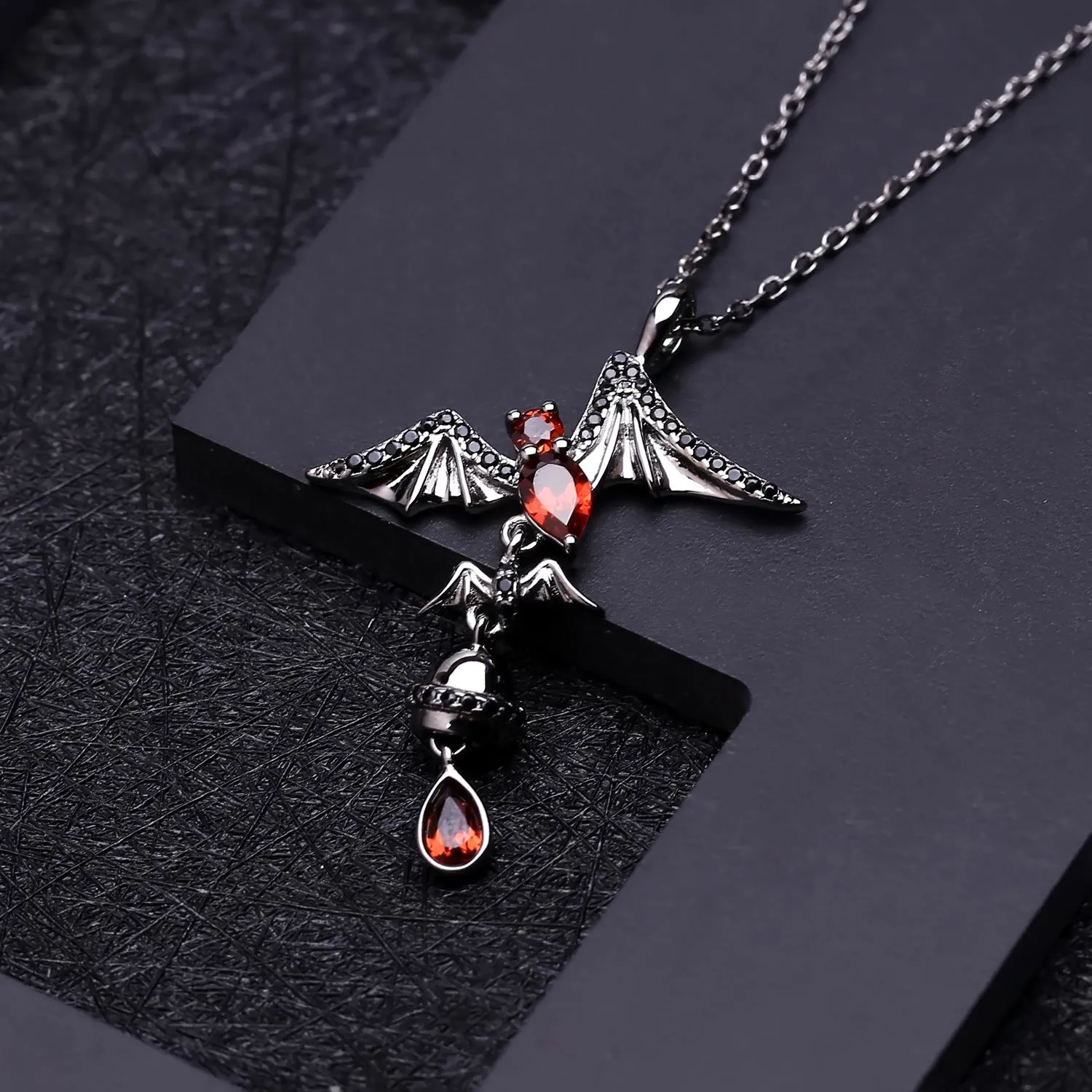 Dark Collection Design Natural Garnet Bat Pendant Sterling Silver Necklace for Women