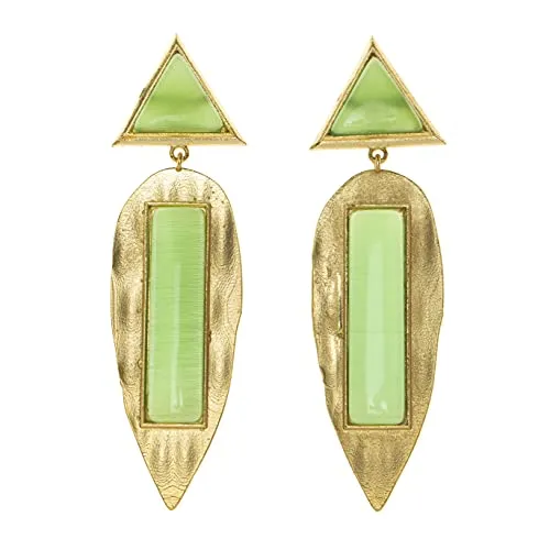 Designer Triangular Green Leaf Dangle Golden Brass Studs Earrings, Non-Allergic, Unique Jewelry