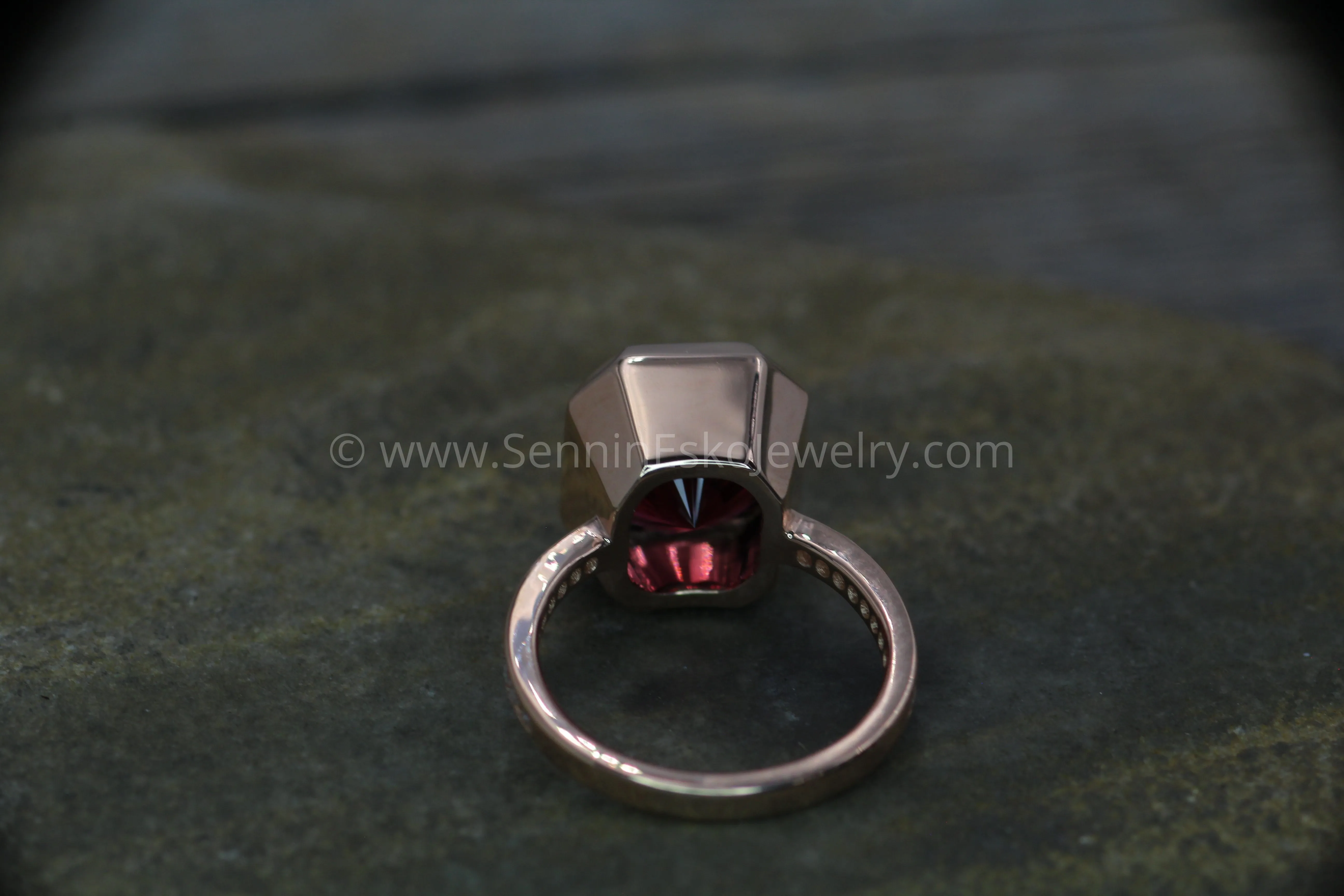 Diamond Channel Accented Rose Gold Bezel Ring Setting - Depicted with a Large Fantasy cut Rhodolite Garnet (Setting Only, Center Stone Sold Separately)