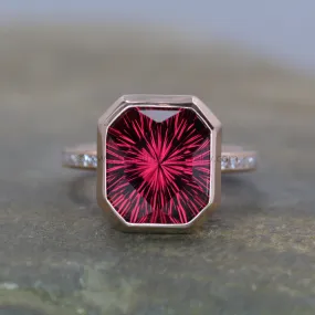 Diamond Channel Accented Rose Gold Bezel Ring Setting - Depicted with a Large Fantasy cut Rhodolite Garnet (Setting Only, Center Stone Sold Separately)