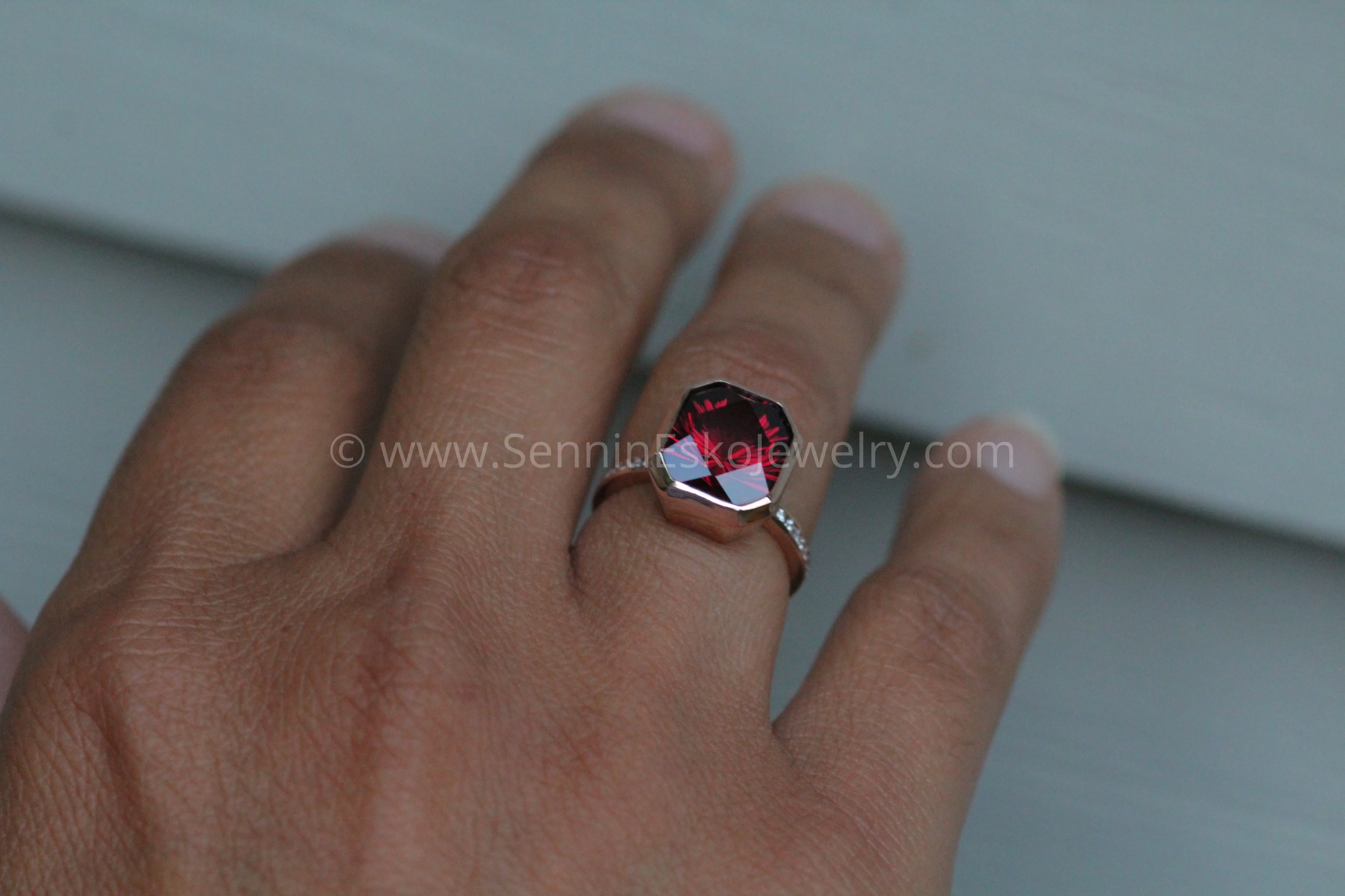 Diamond Channel Accented Rose Gold Bezel Ring Setting - Depicted with a Large Fantasy cut Rhodolite Garnet (Setting Only, Center Stone Sold Separately)