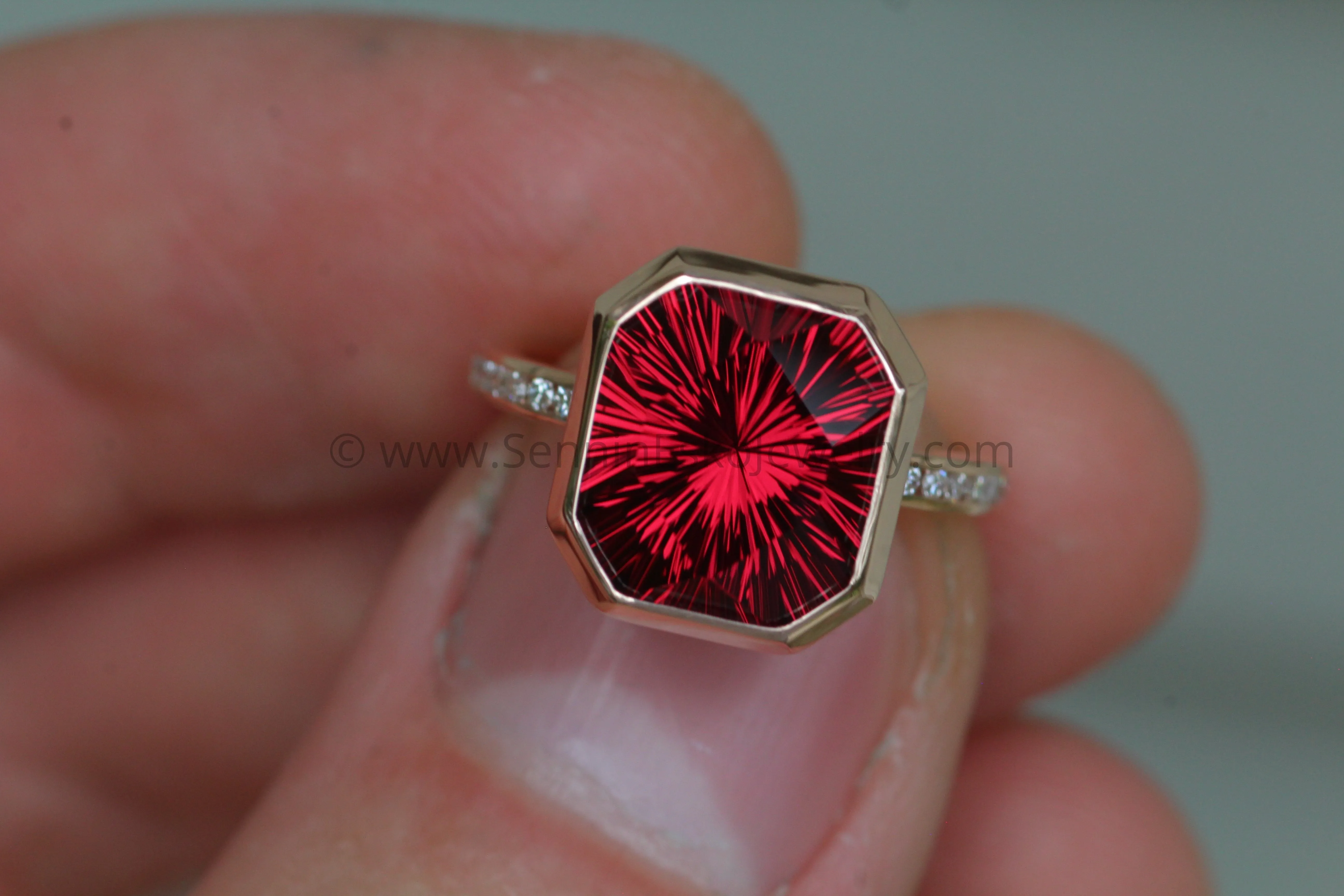 Diamond Channel Accented Rose Gold Bezel Ring Setting - Depicted with a Large Fantasy cut Rhodolite Garnet (Setting Only, Center Stone Sold Separately)