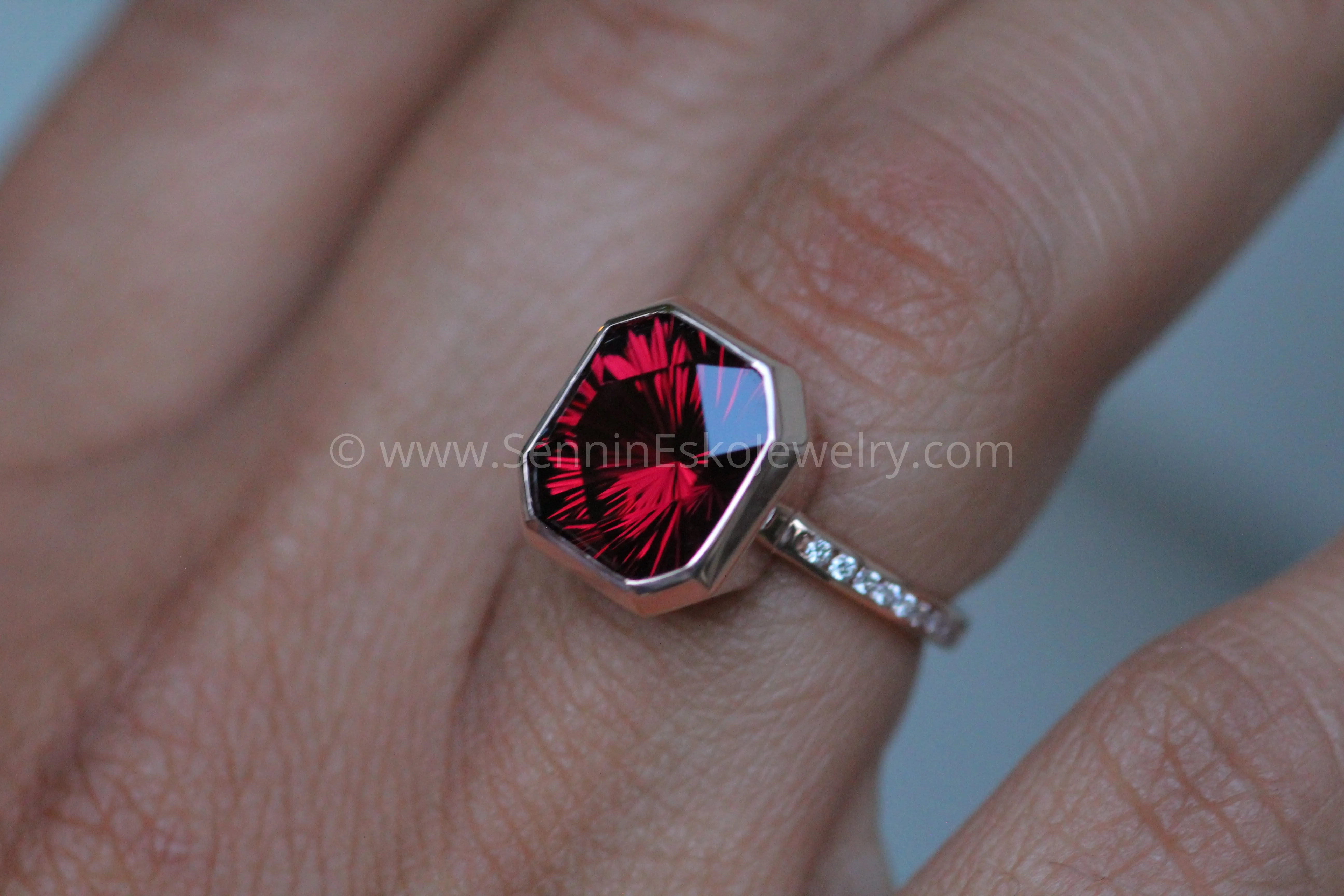 Diamond Channel Accented Rose Gold Bezel Ring Setting - Depicted with a Large Fantasy cut Rhodolite Garnet (Setting Only, Center Stone Sold Separately)