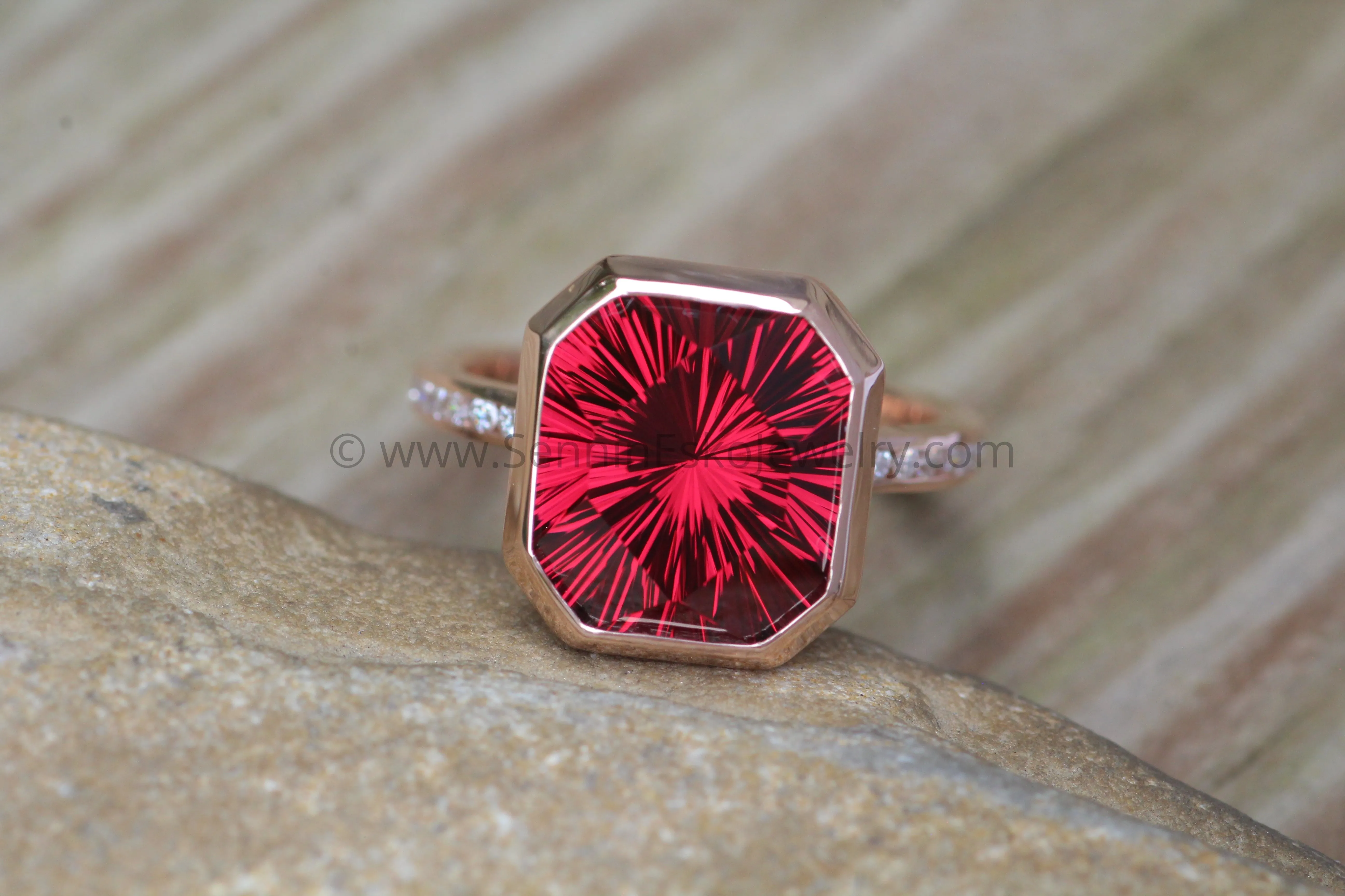 Diamond Channel Accented Rose Gold Bezel Ring Setting - Depicted with a Large Fantasy cut Rhodolite Garnet (Setting Only, Center Stone Sold Separately)