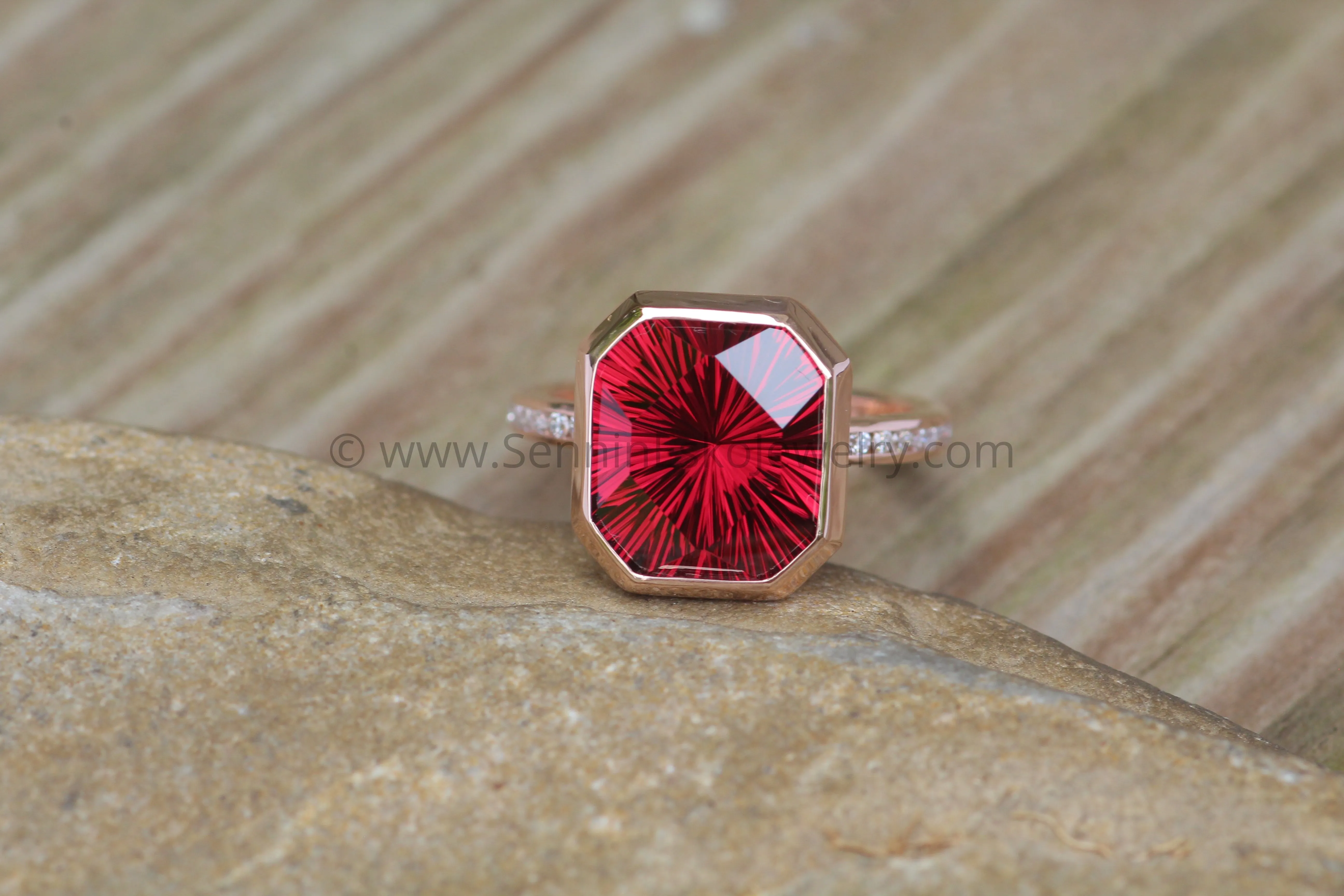 Diamond Channel Accented Rose Gold Bezel Ring Setting - Depicted with a Large Fantasy cut Rhodolite Garnet (Setting Only, Center Stone Sold Separately)