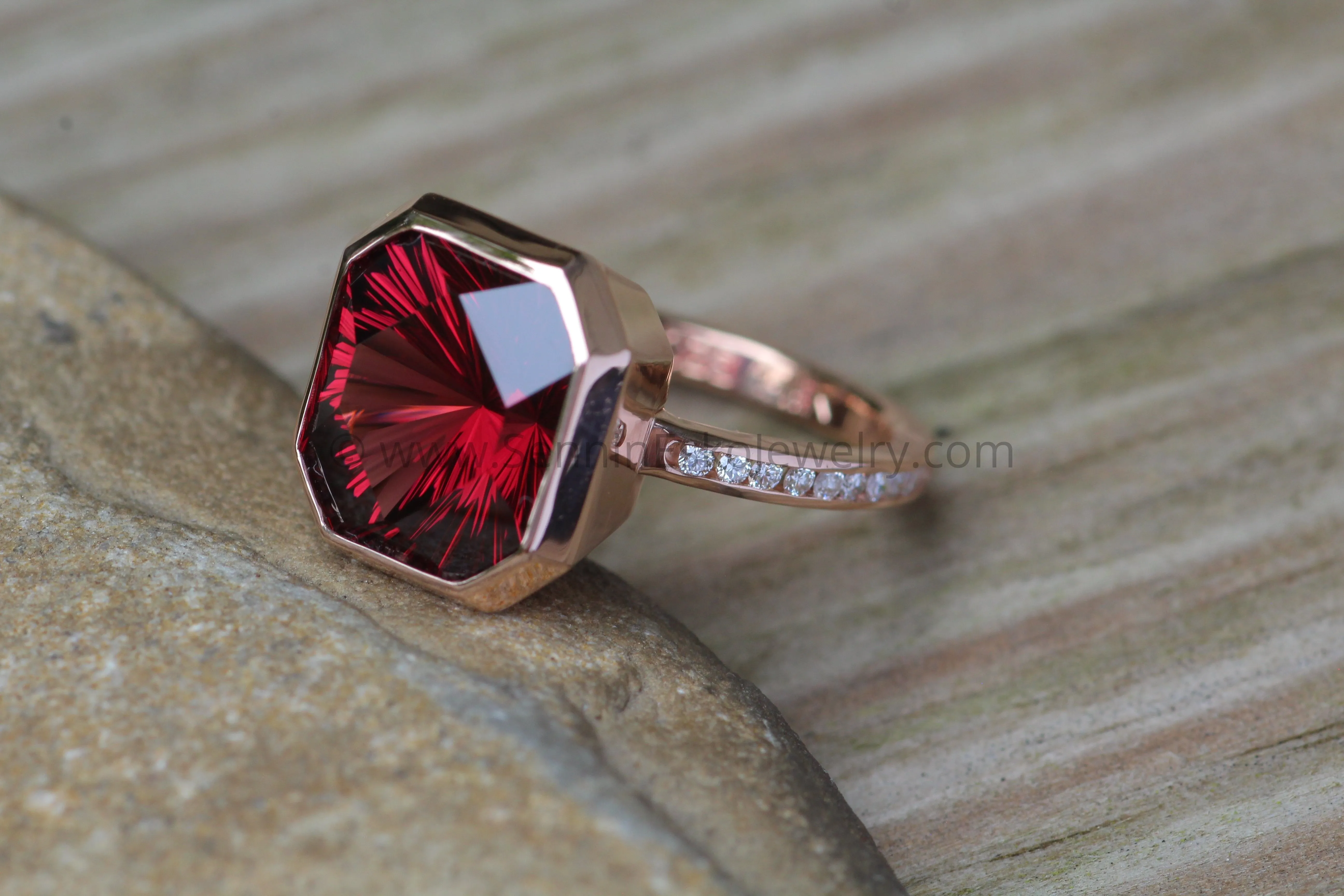 Diamond Channel Accented Rose Gold Bezel Ring Setting - Depicted with a Large Fantasy cut Rhodolite Garnet (Setting Only, Center Stone Sold Separately)