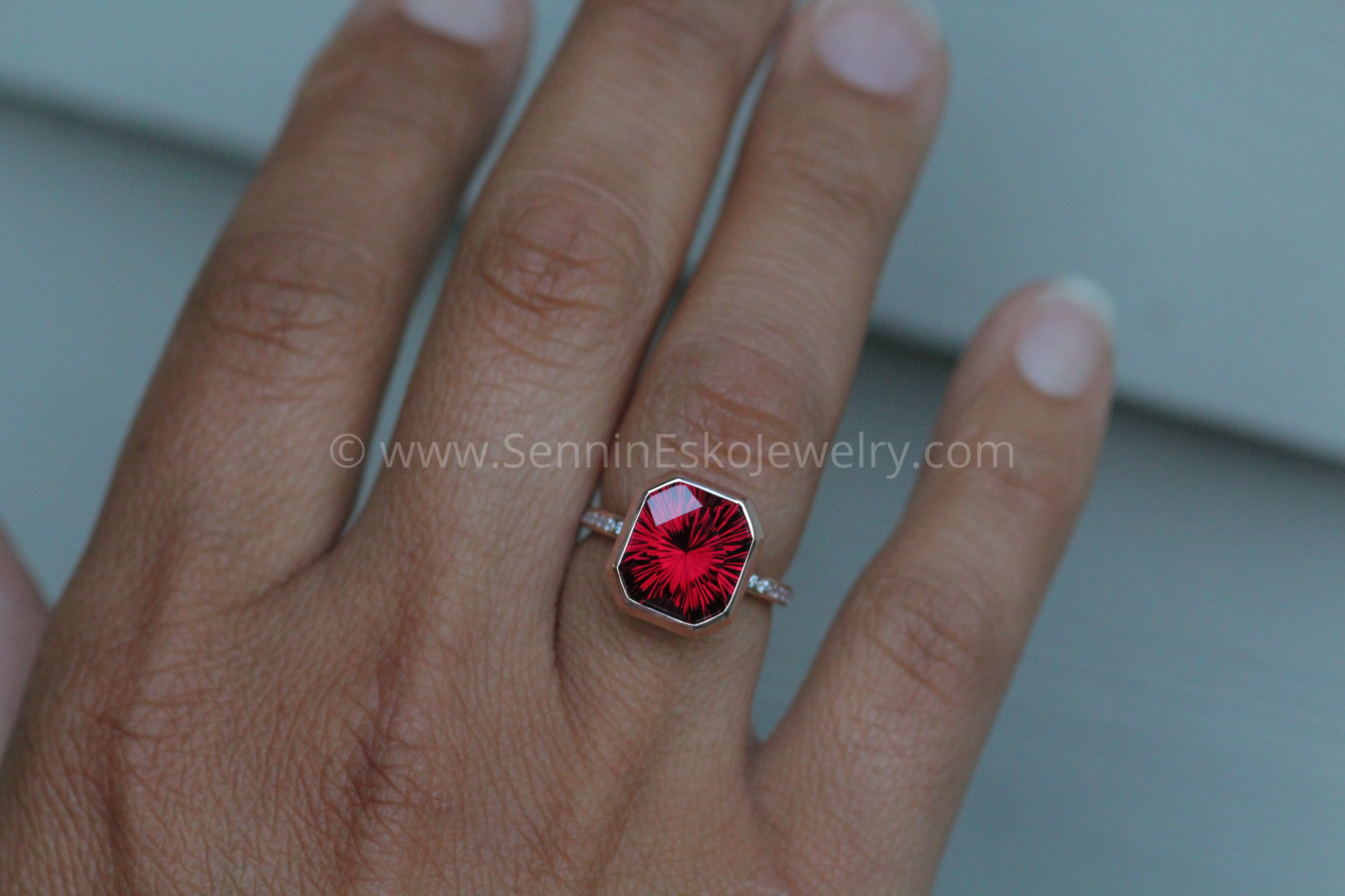 Diamond Channel Accented Rose Gold Bezel Ring Setting - Depicted with a Large Fantasy cut Rhodolite Garnet (Setting Only, Center Stone Sold Separately)