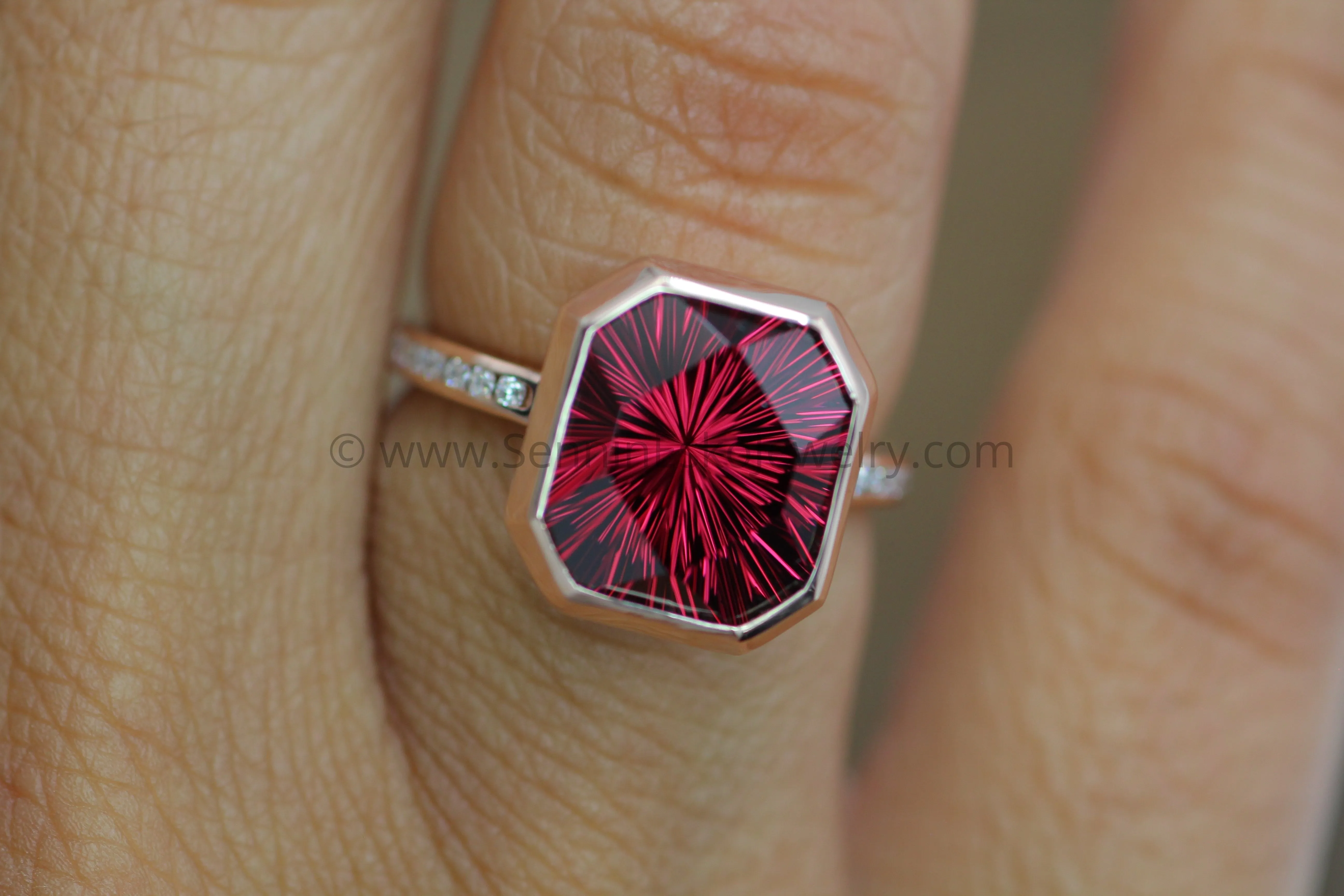 Diamond Channel Accented Rose Gold Bezel Ring Setting - Depicted with a Large Fantasy cut Rhodolite Garnet (Setting Only, Center Stone Sold Separately)