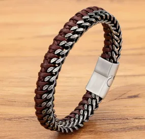 Double Braided Stainless and Leather Bracelet