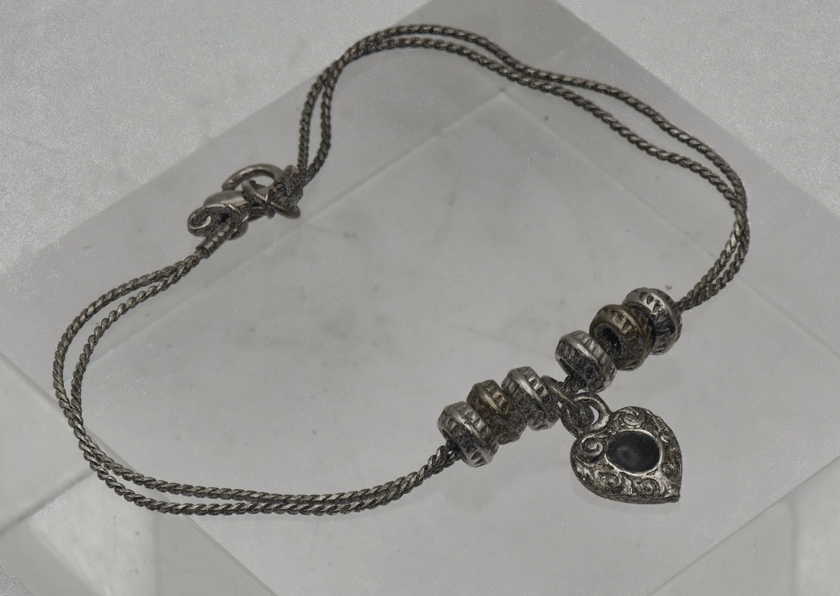 Double Strand Heart and Bead Silver Tone Metal Anklet