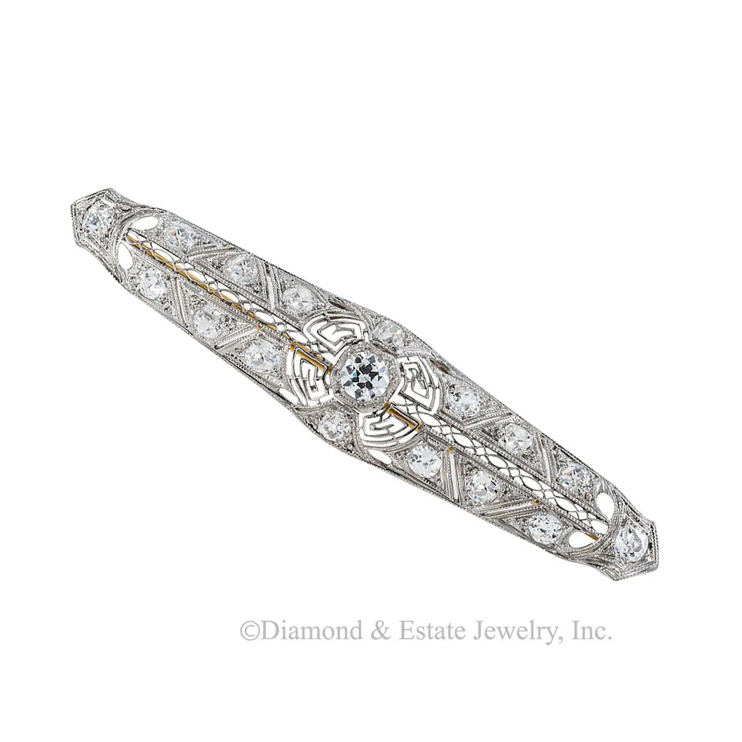 Edwardian 2.25 Carats TW  Diamond Platinum Filigree Bar Brooch Circa 1910