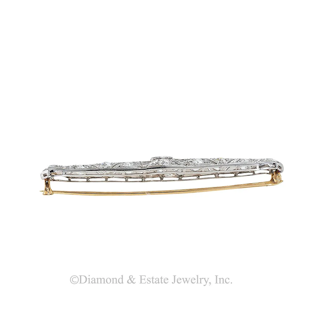 Edwardian 2.25 Carats TW  Diamond Platinum Filigree Bar Brooch Circa 1910