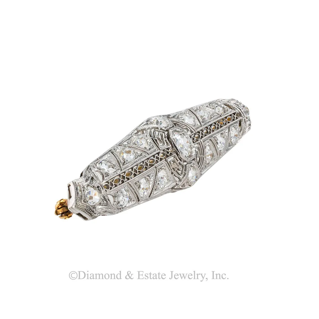 Edwardian 2.25 Carats TW  Diamond Platinum Filigree Bar Brooch Circa 1910