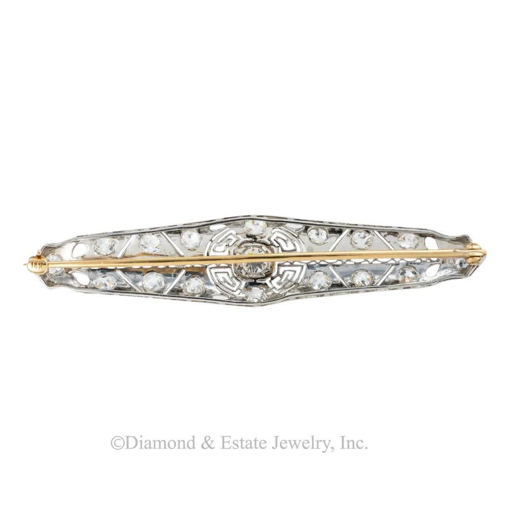 Edwardian 2.25 Carats TW  Diamond Platinum Filigree Bar Brooch Circa 1910