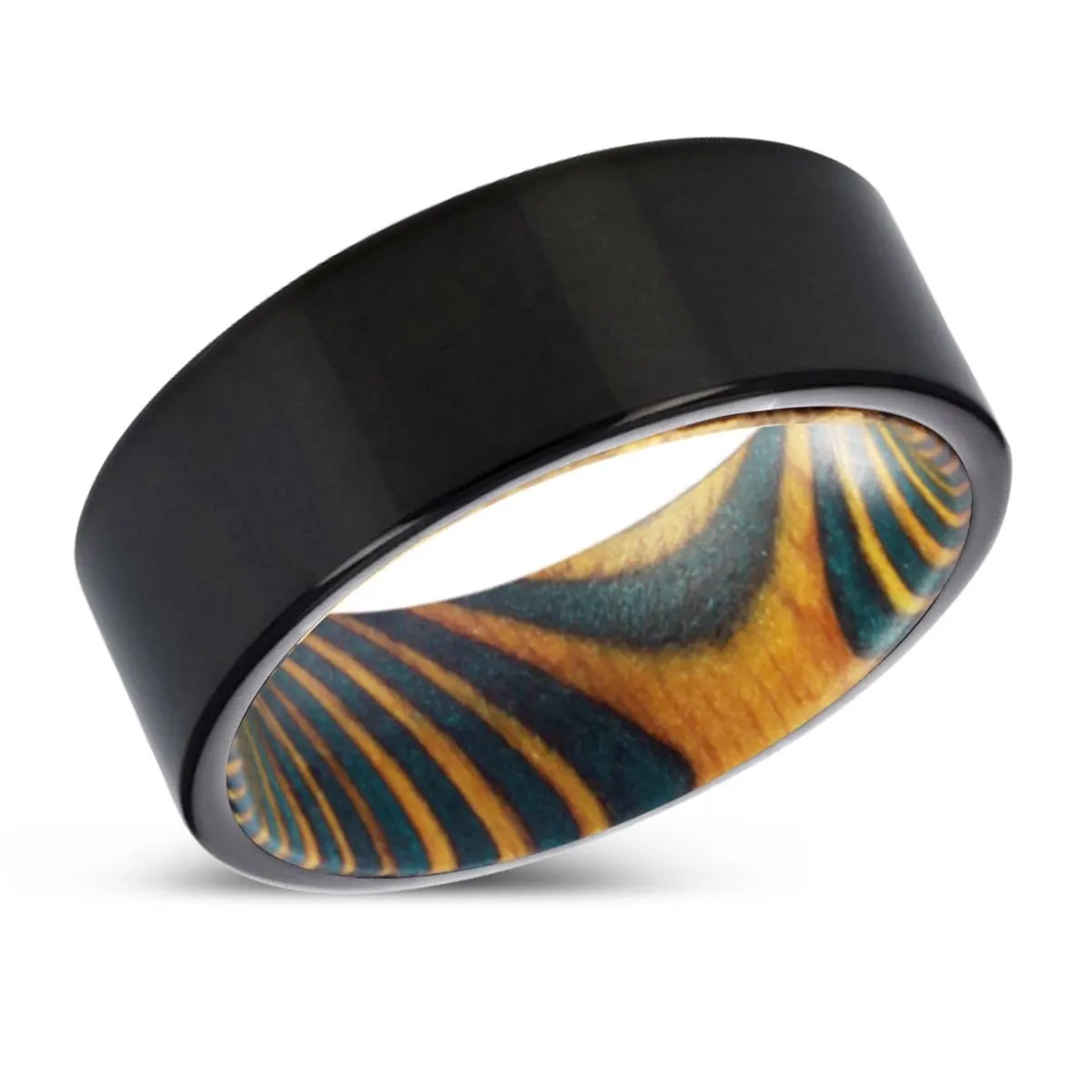 ELEKTRA | Green & Yellow Wood, Black Tungsten Ring, Shiny, Flat