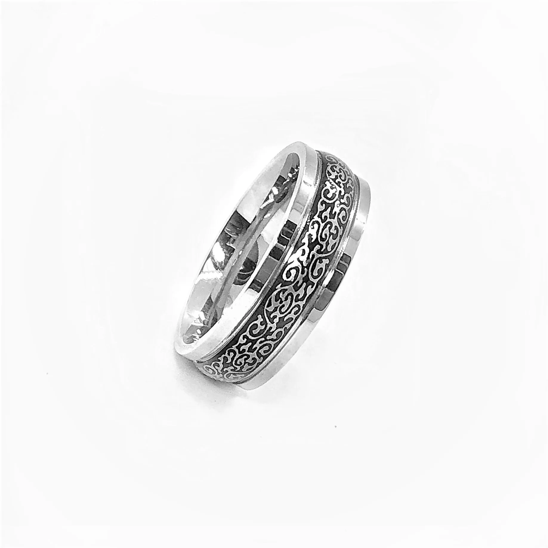 Enamel Black & Silver Prints Stripe Stainless Steel Ring