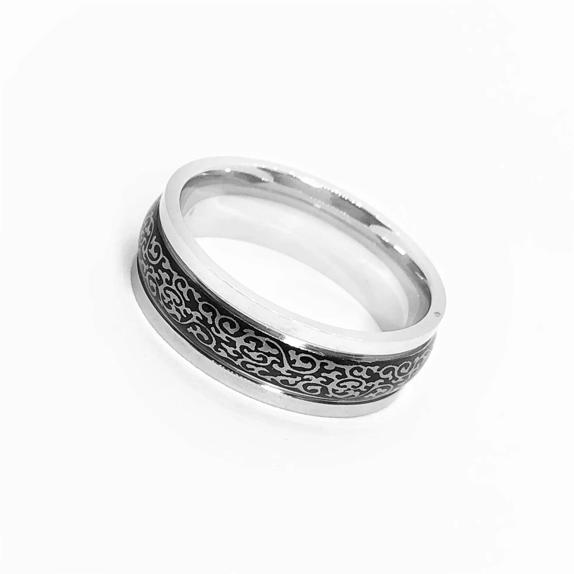 Enamel Black & Silver Prints Stripe Stainless Steel Ring