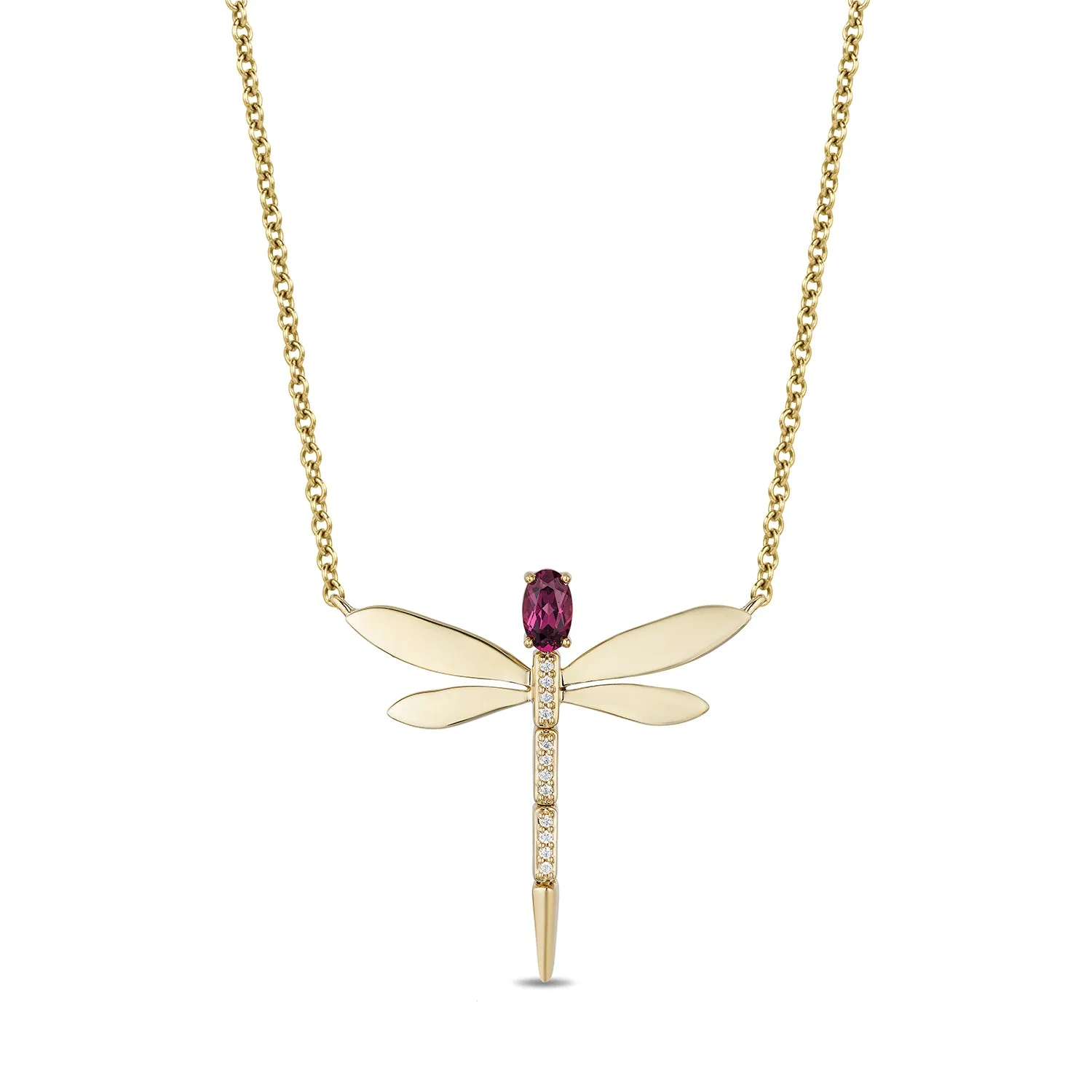 Enchanted Disney Fine Jewelry 10K Yellow Gold with Diamond Accent and Rhodolite Garnet Mulan Dragonfly Necklace