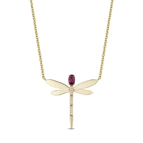 Enchanted Disney Fine Jewelry 10K Yellow Gold with Diamond Accent and Rhodolite Garnet Mulan Dragonfly Necklace