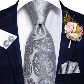 Essential Grey Paisley Tie Handkerchief Cufflinks Set with Wedding Brooch