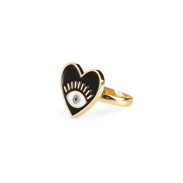 Evil Eye Heart Shape Gold Ring Black