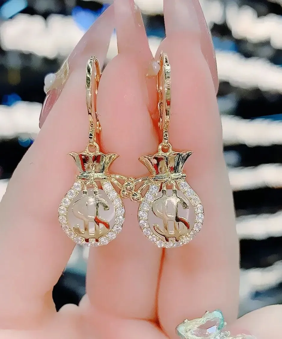 Fashion Gold Opal Zircon Money Bag Drop Earrings LY8983