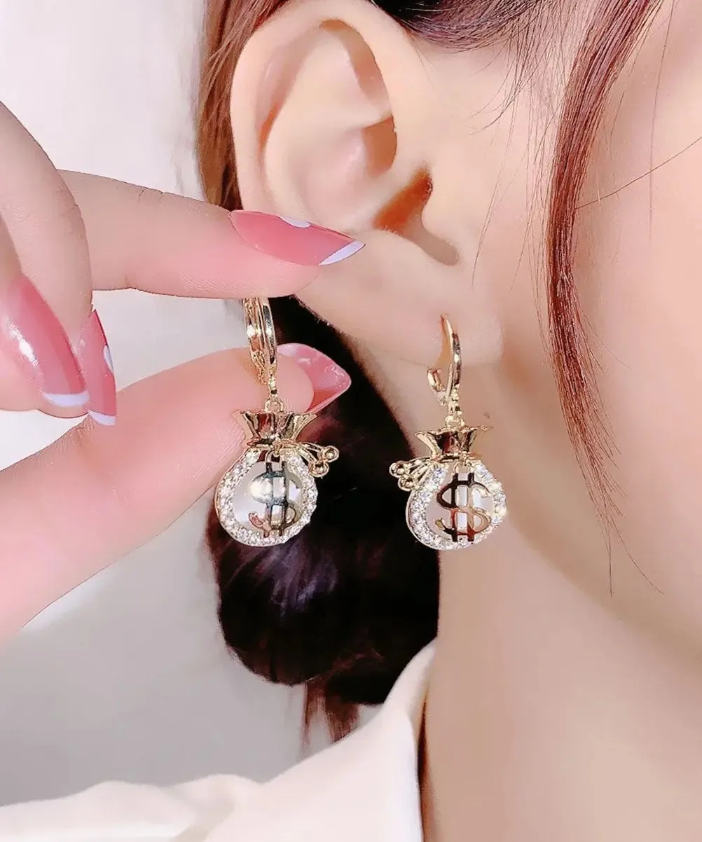 Fashion Gold Opal Zircon Money Bag Drop Earrings LY8983