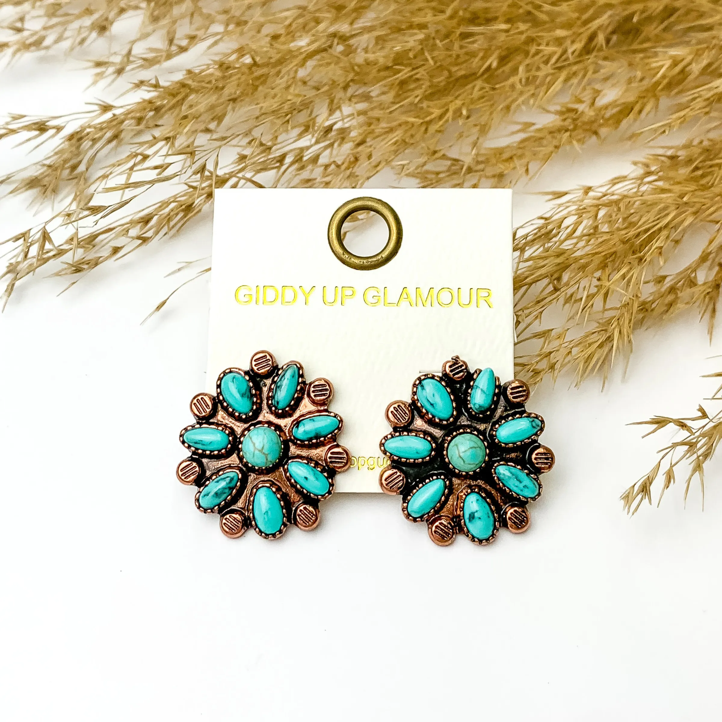 Faux Turquoise Flower Cluster Stud Earrings in Copper Tone