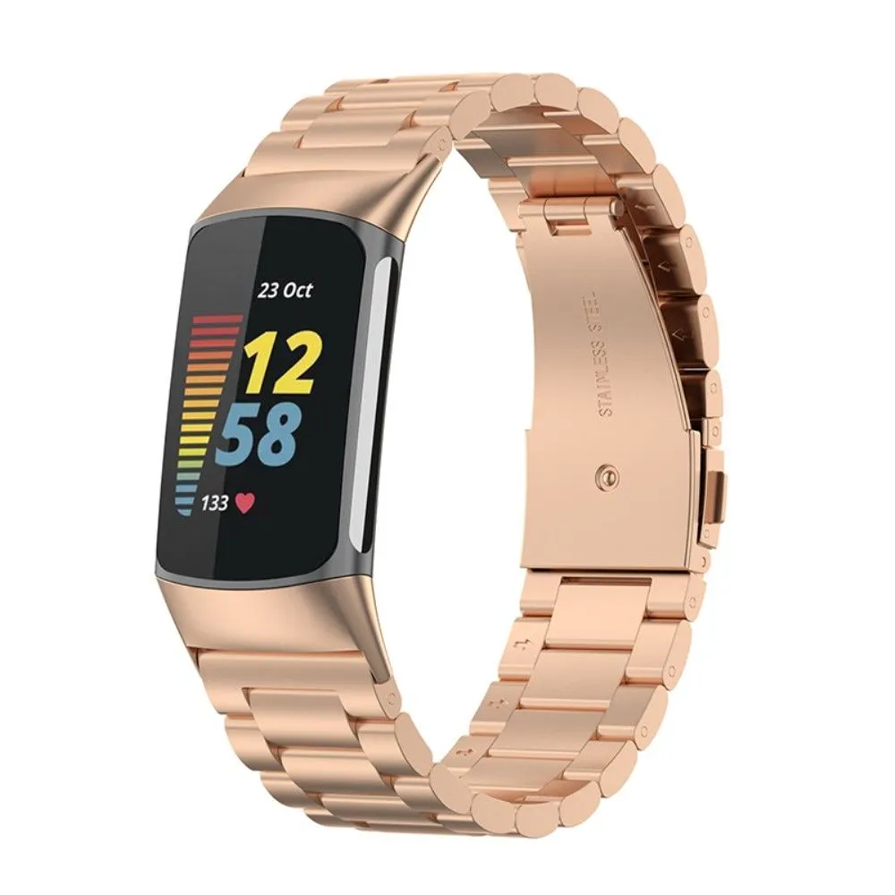 Fitbit Charge 5 triple bead stainless steel watch strap - Rose Gold