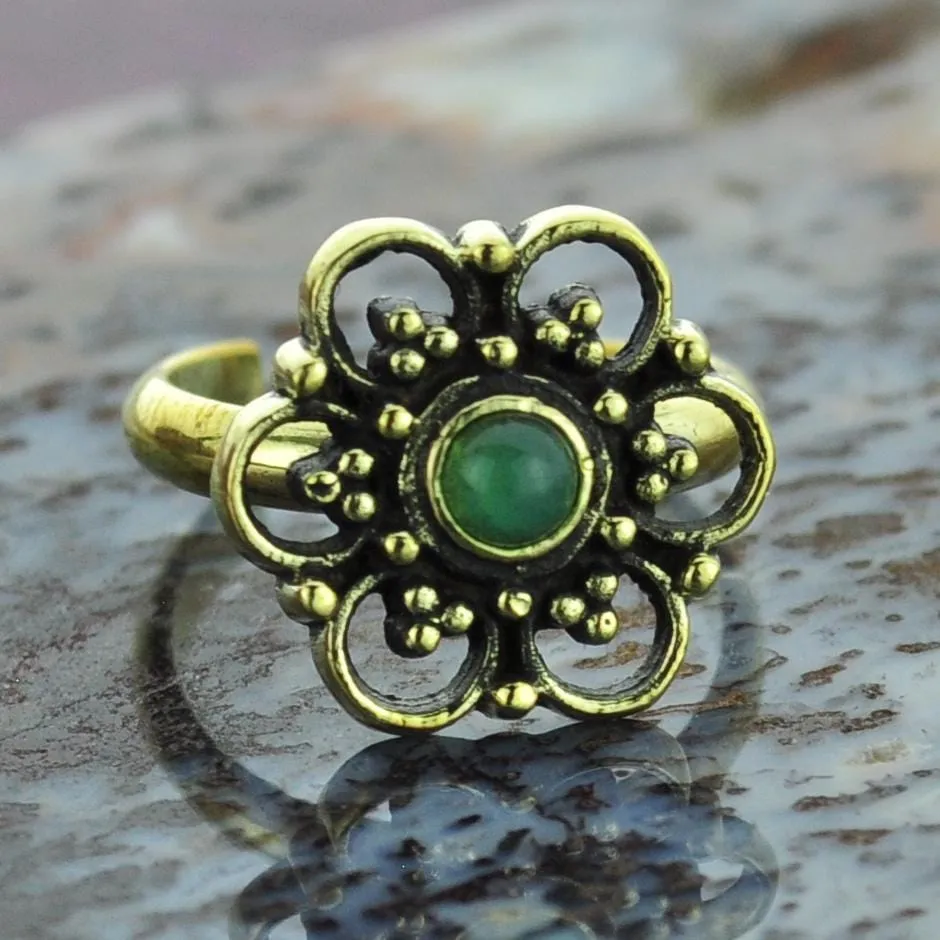 Flower Brass Toe Ring with Aventurine Gem