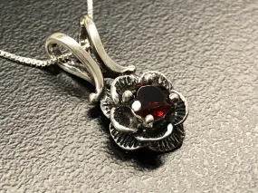 Flower Garnet Pendant - Dainty Red Garnet Necklace - Silver Flower Pendant