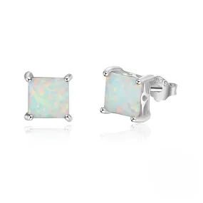 Four Prongs Square Opal Sterling Silver Stud Earrings